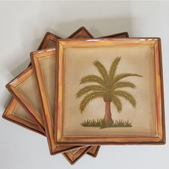Clay Art Vintage Palm Tree Square Salad Plates Set of 4 - Picture 7 of 8